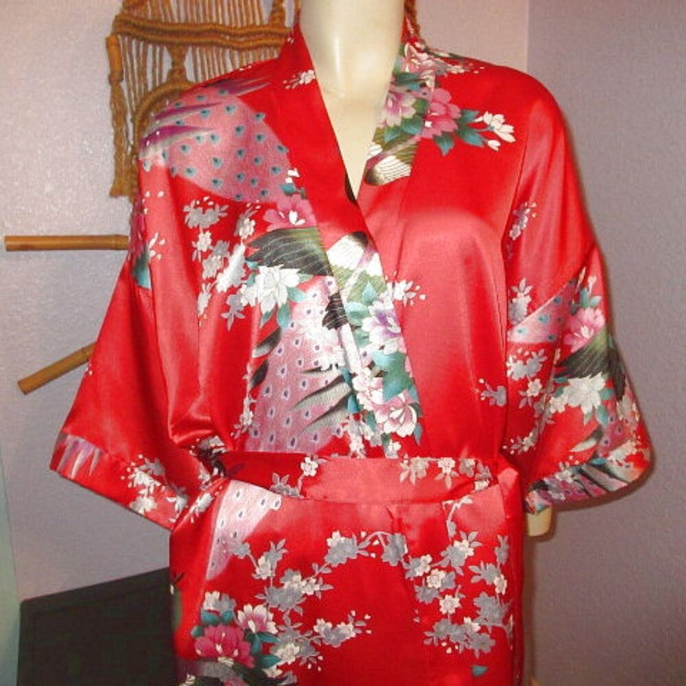 Vtg Silk Kimono Robe One Size Asian Smoking Jacket Dressing Gown Exotic Floral - Picture 2 of 8